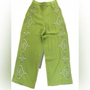 Sundance Green Morgana Embroidered Cotton Wide Leg Pants EUC XL